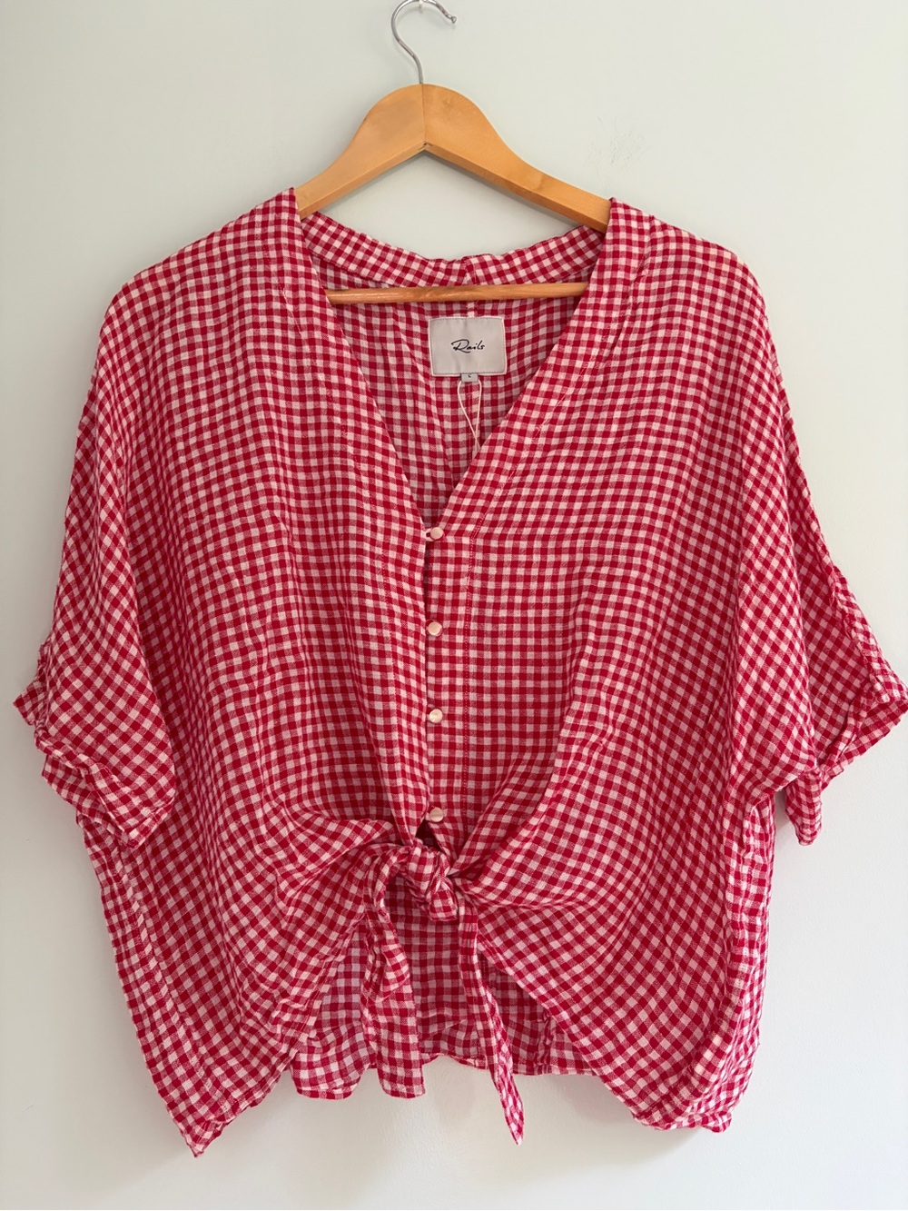 Rails Red White Gingham Top Large Short Sleeve Tie Front Linen Blend